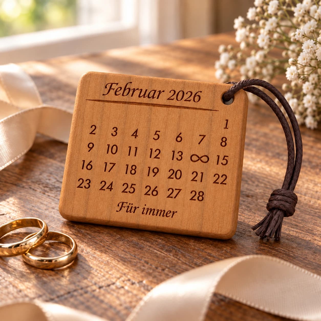 Kalender-Schlüsselanhänger mit Gravur Für immer mit Unendlichkeitszeichen – Anlassszene, Beispiel 14.02.2026