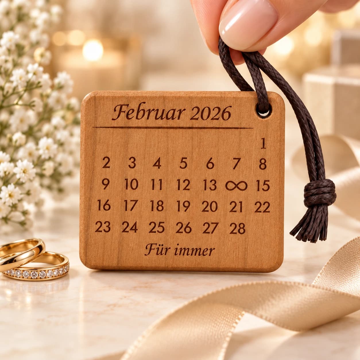 Kalender-Schlüsselanhänger mit Gravur Für immer mit Unendlichkeitszeichen – Weitere Anlassszene, Beispiel 14.02.2026
