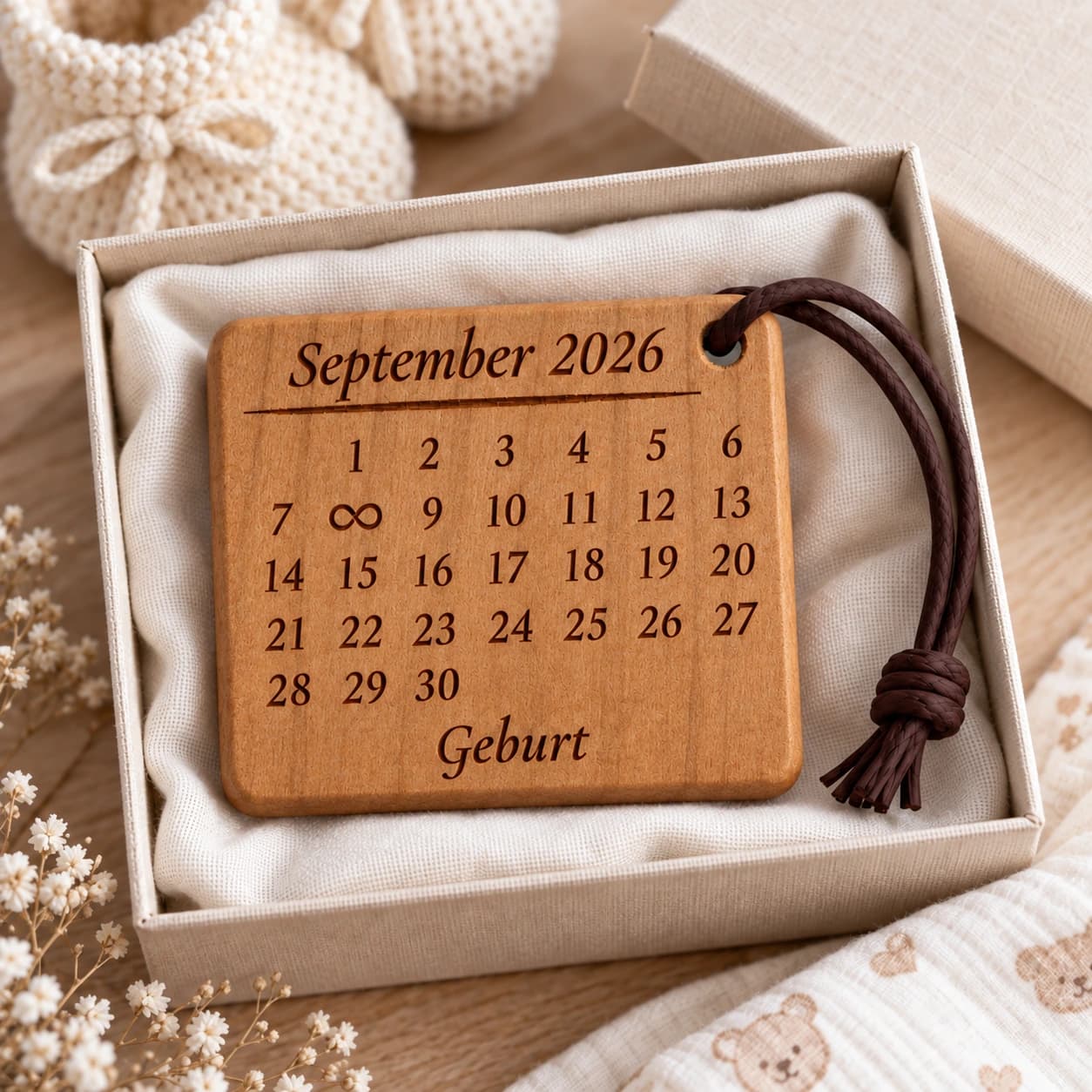 Kalender-Schlüsselanhänger mit Unendlichkeitszeichen zur Geburt, Taufe & Einschulung – Geschenkpräsentation, Beispiel 08.09.2026