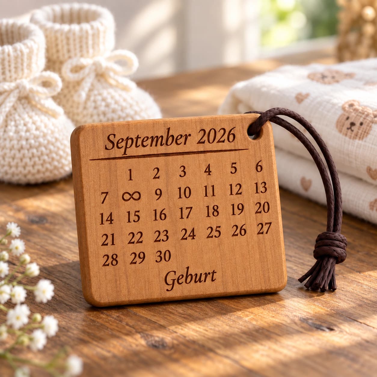 Kalender-Schlüsselanhänger mit Unendlichkeitszeichen zur Geburt, Taufe & Einschulung – Anlassszene, Beispiel 08.09.2026