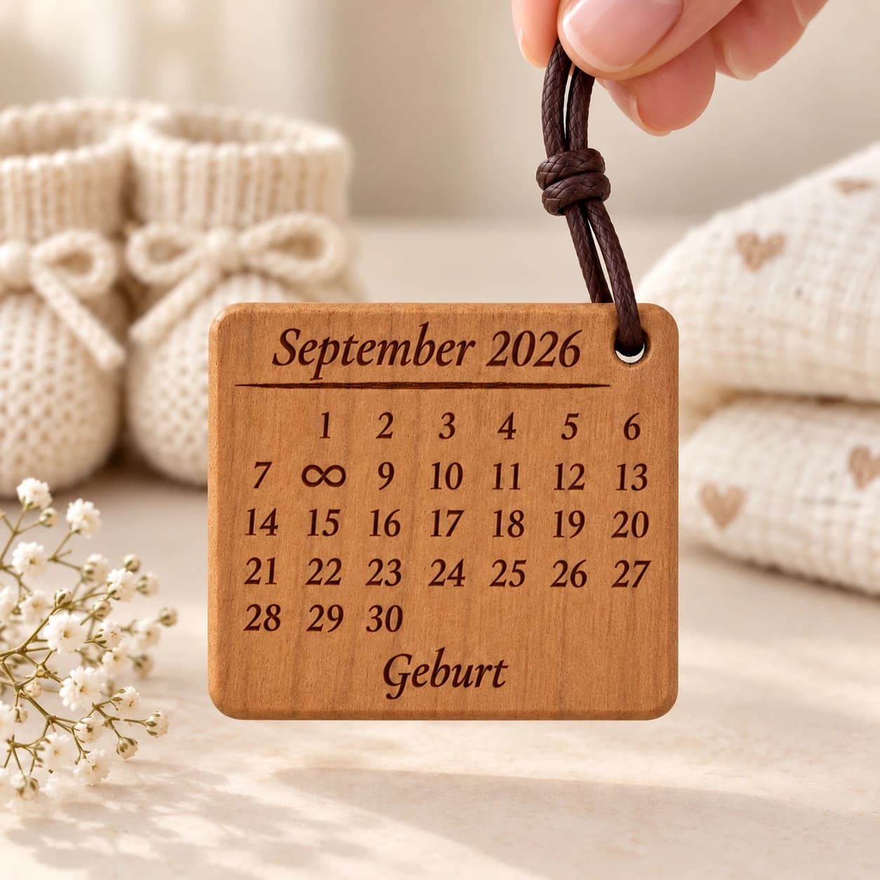Kalender-Schlüsselanhänger mit Unendlichkeitszeichen zur Geburt, Taufe & Einschulung – Weitere Anlassszene, Beispiel 08.09.2026