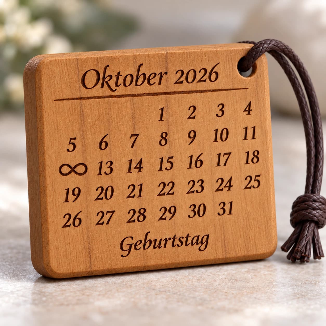 Kalender-Schlüsselanhänger mit Unendlichkeitszeichen zum Geburtstag – Nahaufnahme der Gravur, Beispiel 12.10.2026