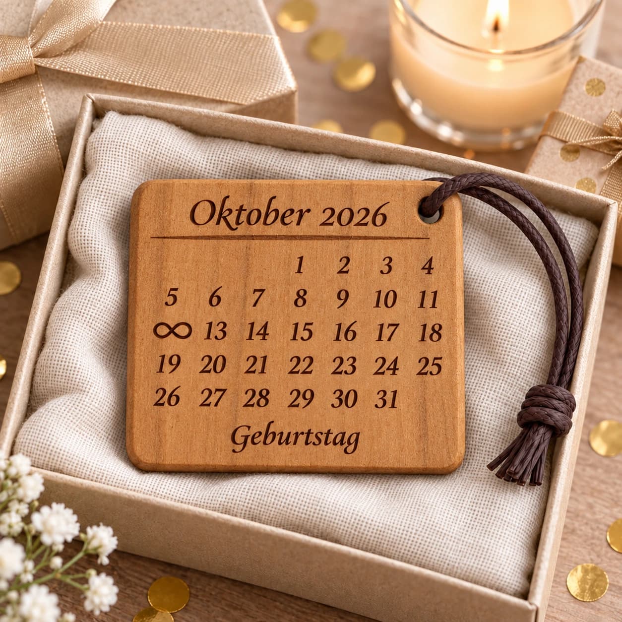 Kalender-Schlüsselanhänger mit Unendlichkeitszeichen zum Geburtstag – Geschenkpräsentation, Beispiel 12.10.2026