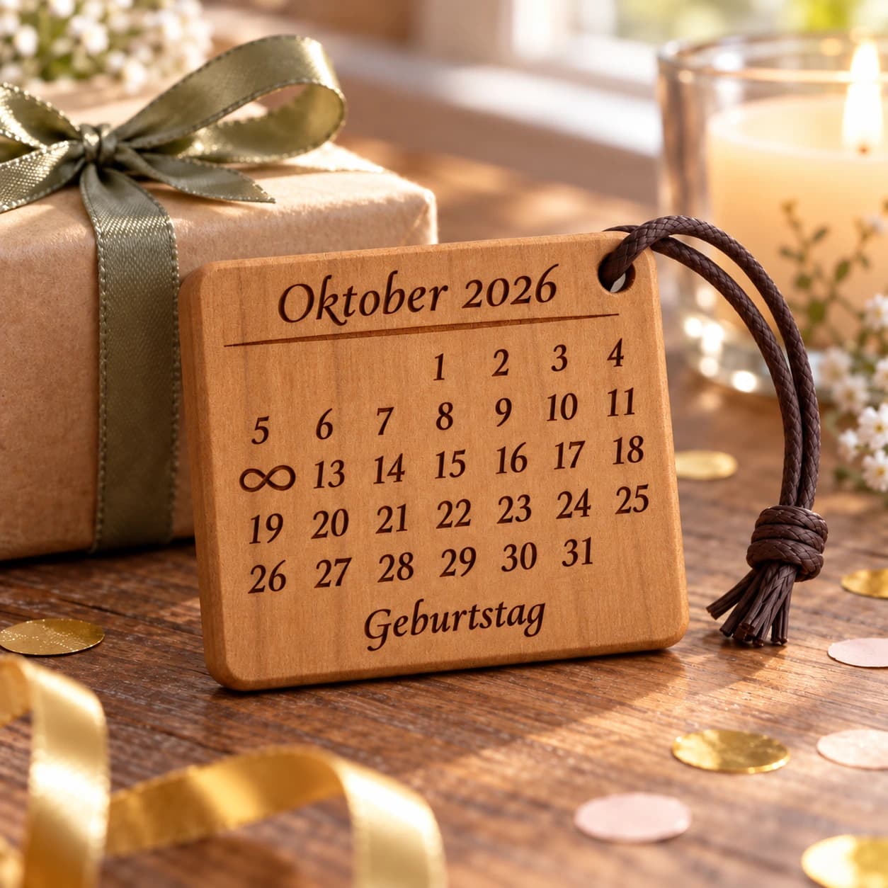 Kalender-Schlüsselanhänger mit Unendlichkeitszeichen zum Geburtstag – Anlassszene, Beispiel 12.10.2026