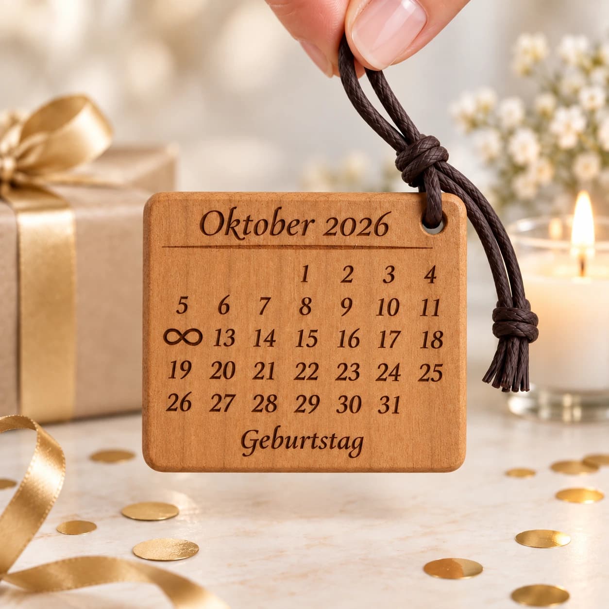 Kalender-Schlüsselanhänger mit Unendlichkeitszeichen zum Geburtstag – Weitere Anlassszene, Beispiel 12.10.2026