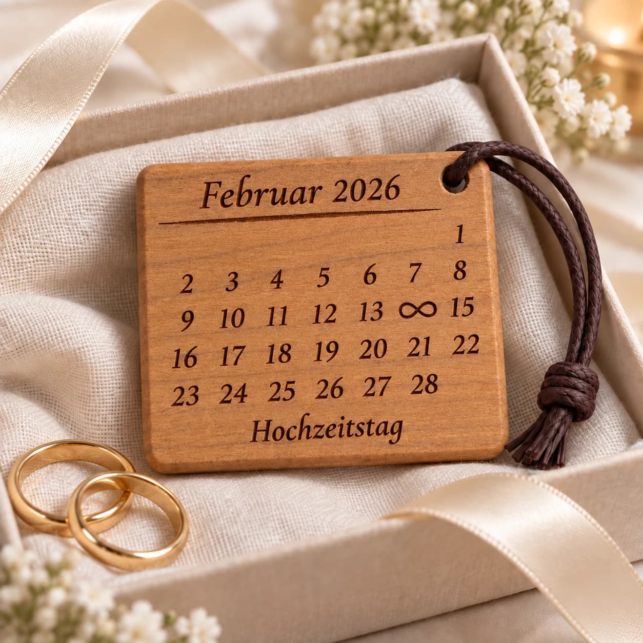 Kalender-Schlüsselanhänger mit Unendlichkeitszeichen zur Hochzeit & zum Jahrestag – Geschenkpräsentation, Beispiel 14.02.2026