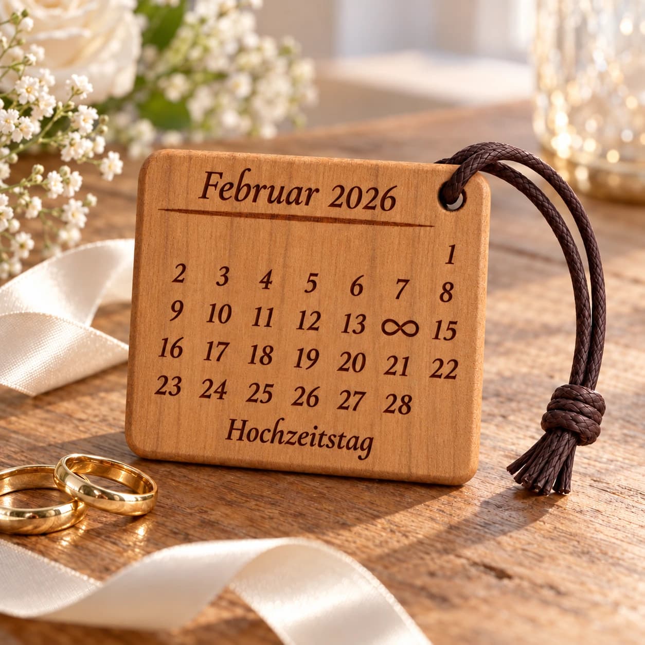 Kalender-Schlüsselanhänger mit Unendlichkeitszeichen zur Hochzeit & zum Jahrestag – Anlassszene, Beispiel 14.02.2026