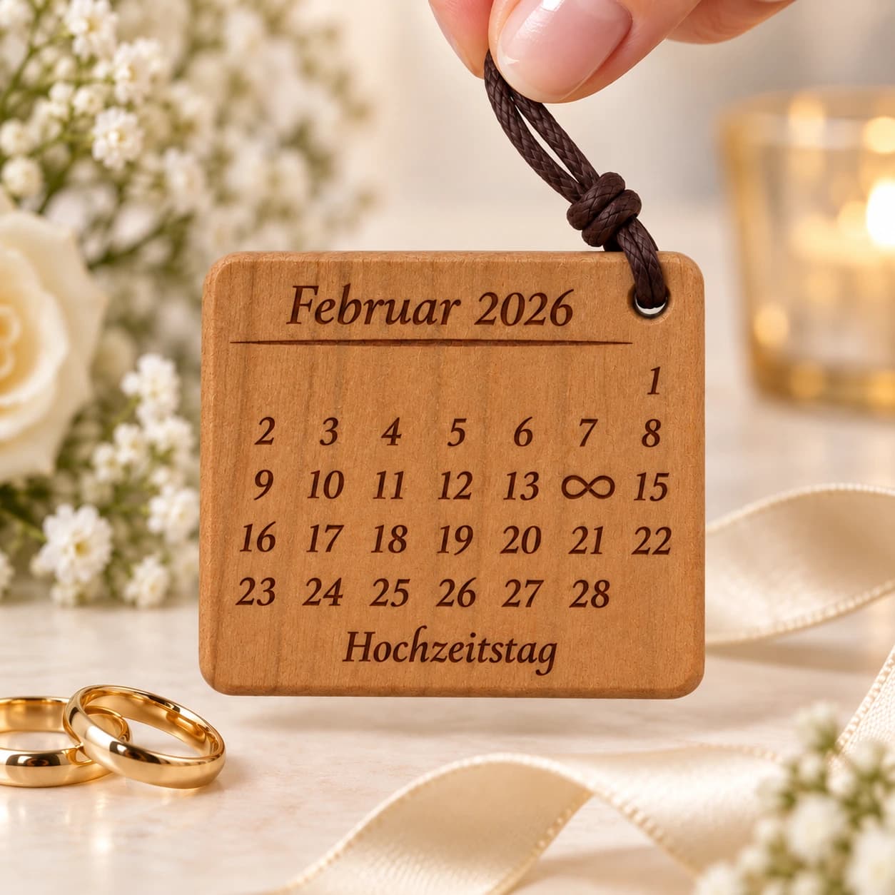 Kalender-Schlüsselanhänger mit Unendlichkeitszeichen zur Hochzeit & zum Jahrestag – Weitere Anlassszene, Beispiel 14.02.2026