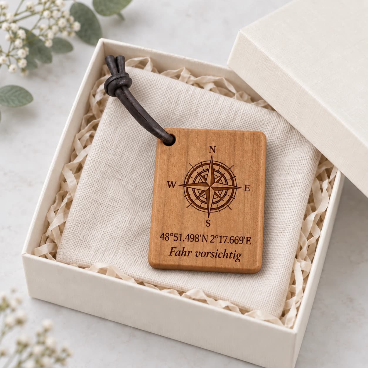 Kompass-Schlüsselanhänger mit Gravur Fahr vorsichtig – Geschenkpräsentation, Fahr vorsichtig