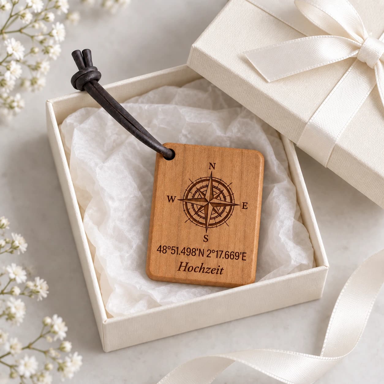 Kompass-Schlüsselanhänger mit Koordinaten zur Hochzeit – Geschenkpräsentation, Hochzeit