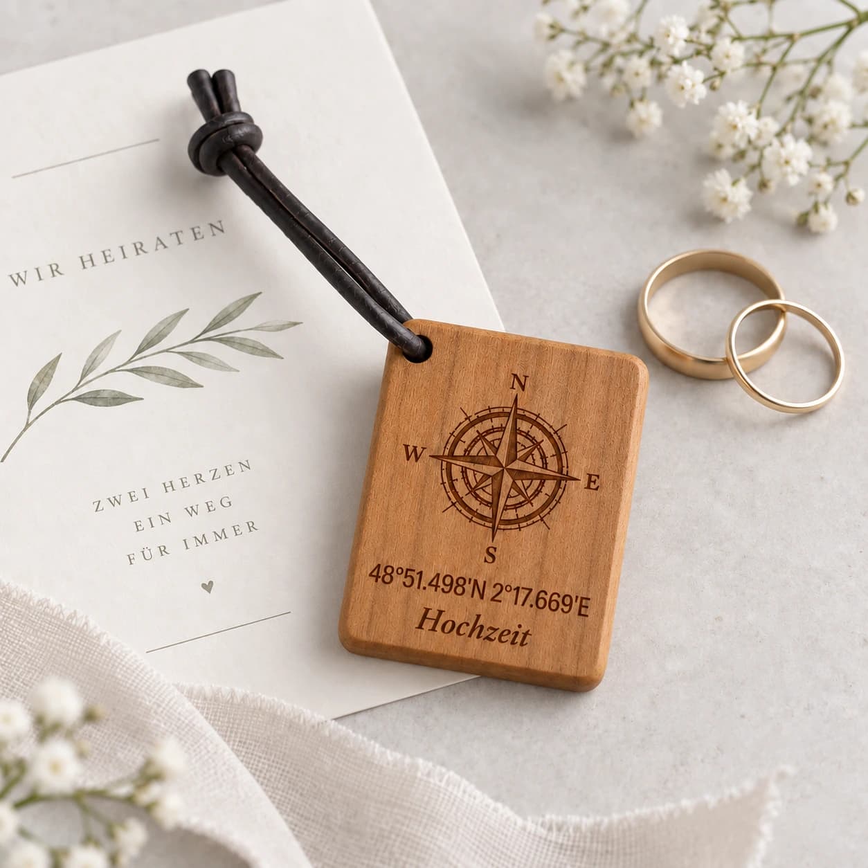 Kompass-Schlüsselanhänger mit Koordinaten zur Hochzeit – Anlassszene, Hochzeit