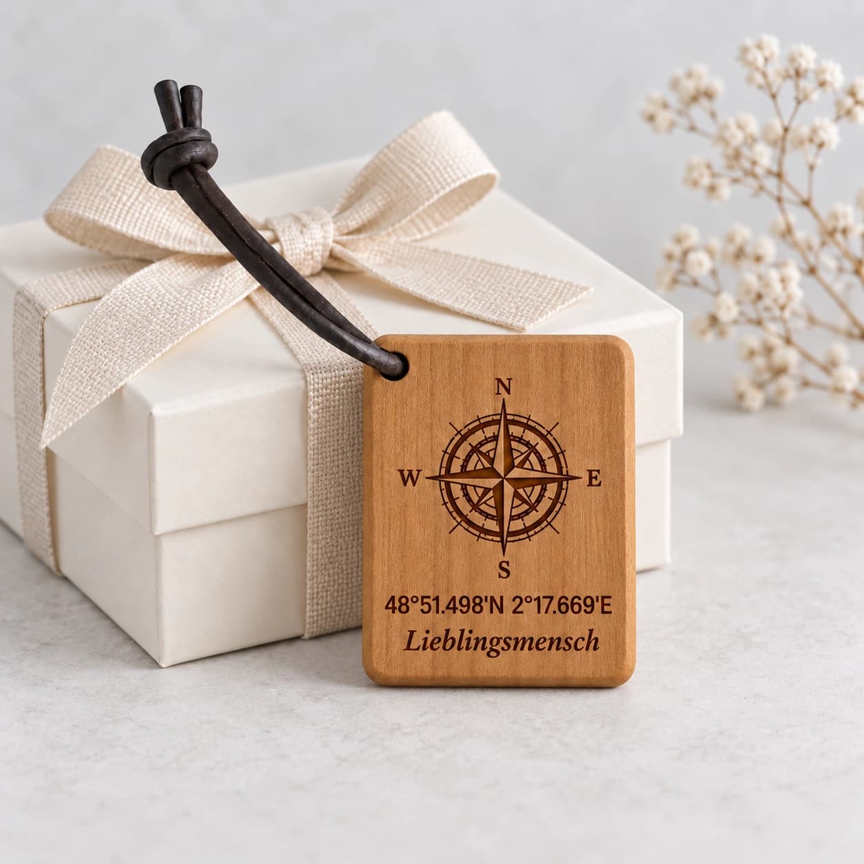 Kompass-Schlüsselanhänger mit Gravur Lieblingsmensch – Geschenkpräsentation, Lieblingsmensch