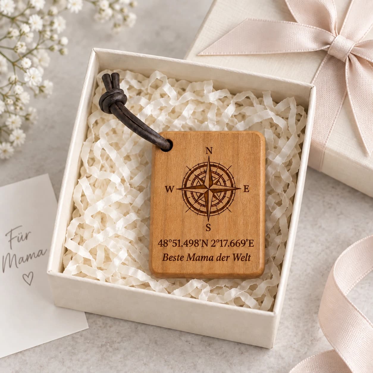 Kompass-Schlüsselanhänger mit Gravur für Mama – Geschenkpräsentation, Beste Mama der Welt