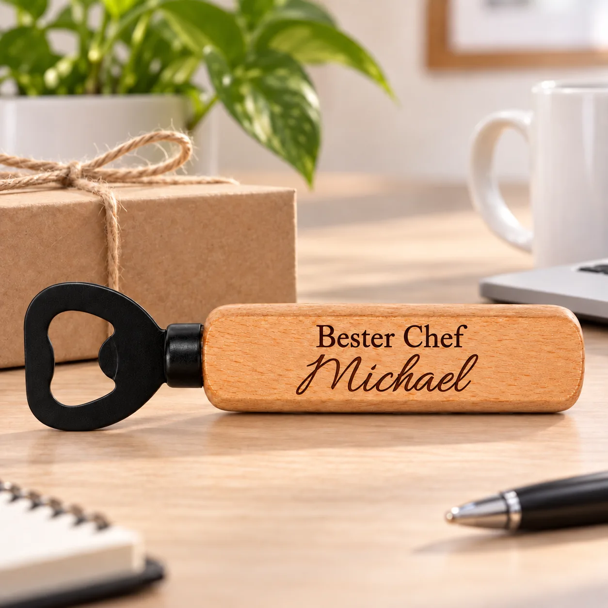 Personalisierter Holz-Flaschenöffner mit Gravur – Für den Chef – Geschenkpräsentation