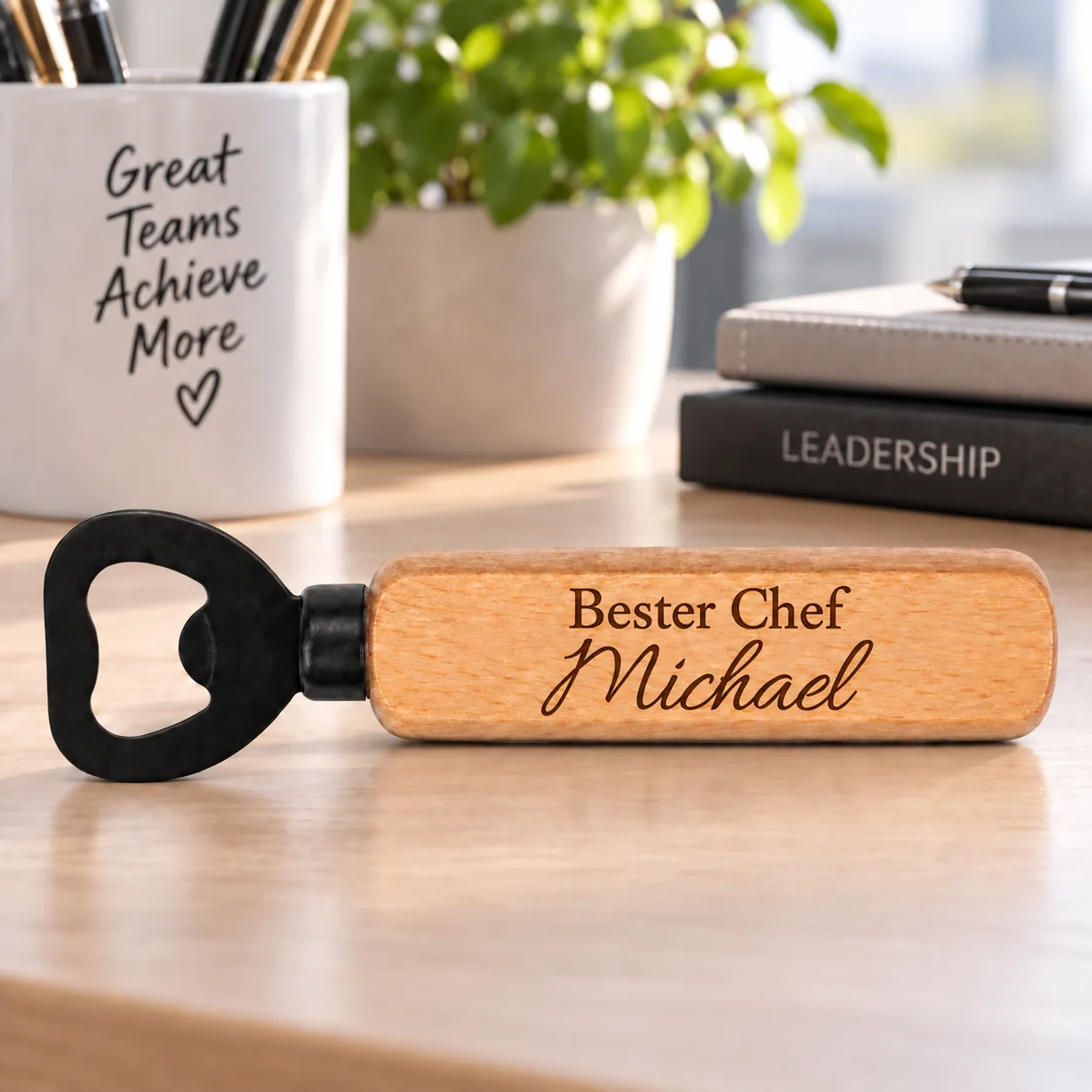 Personalisierter Holz-Flaschenöffner mit Gravur – Für den Chef – Anlassszene