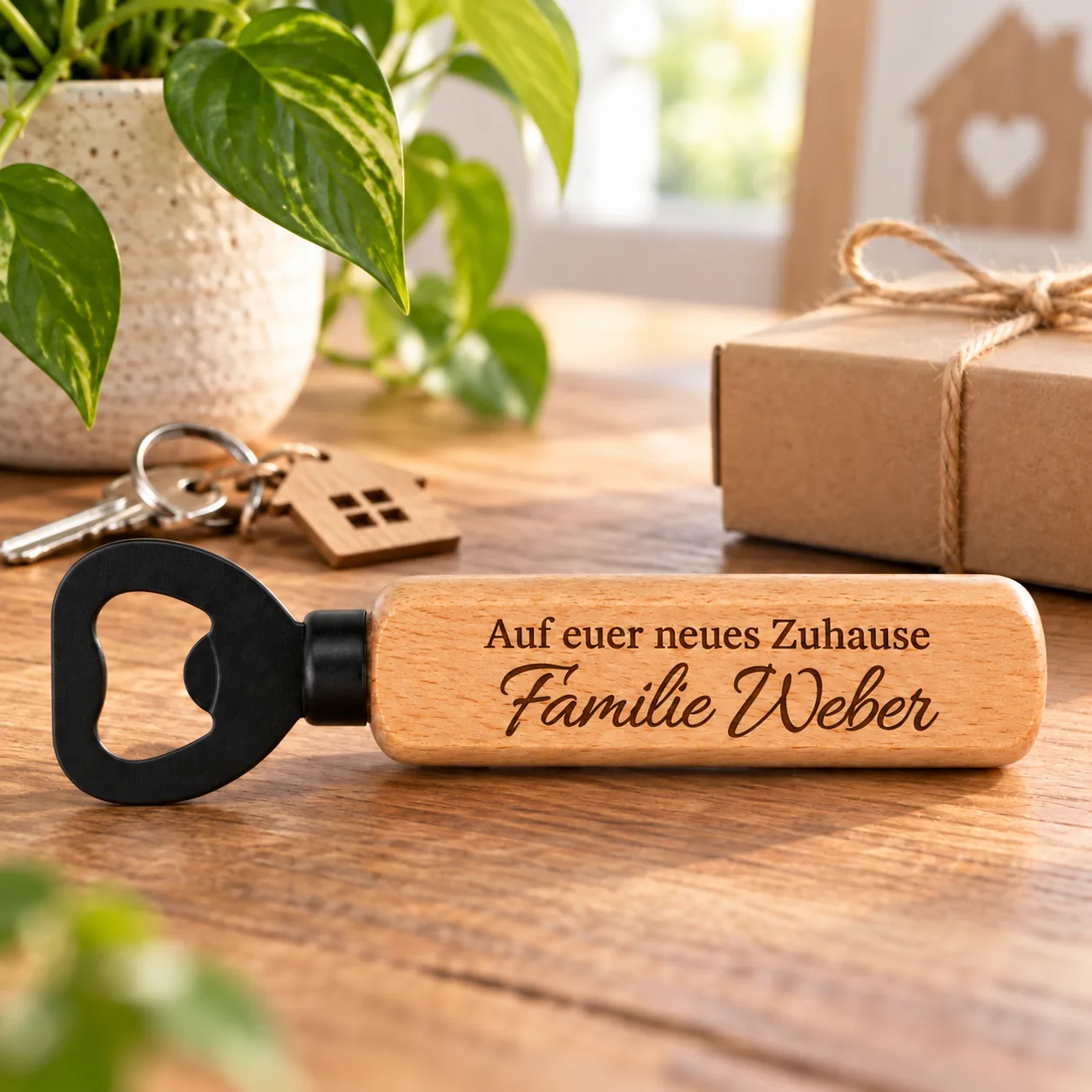 Personalisierter Holz-Flaschenöffner mit Gravur – Zum Einzug – Geschenkpräsentation