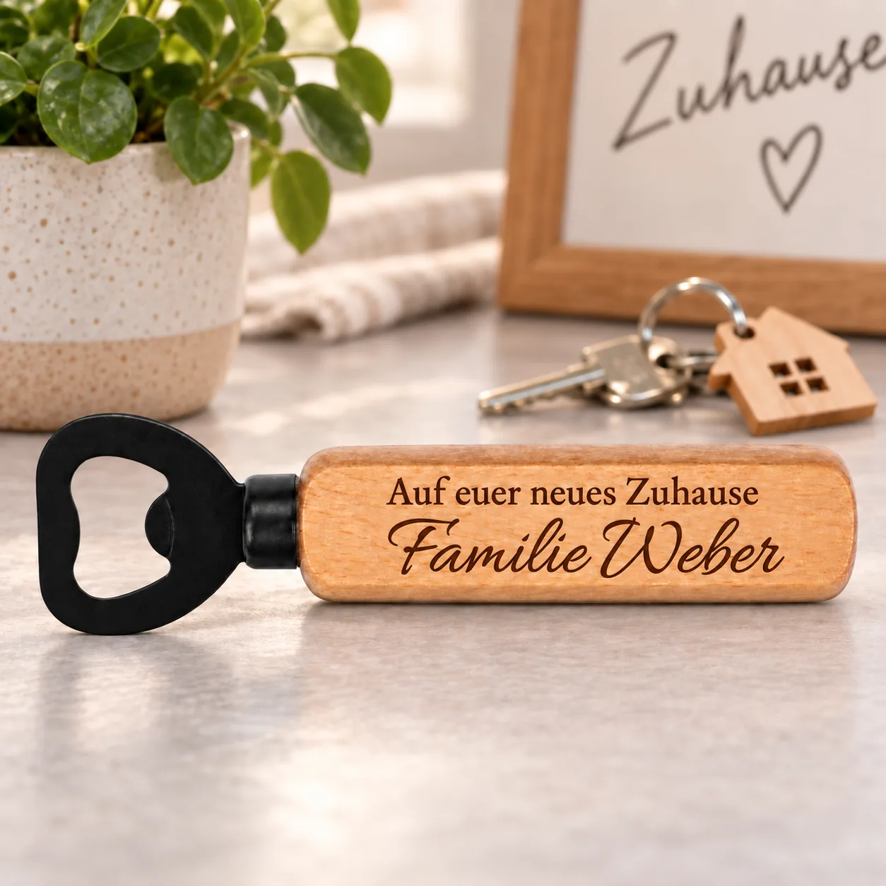 Personalisierter Holz-Flaschenöffner mit Gravur – Zum Einzug – Anlassszene