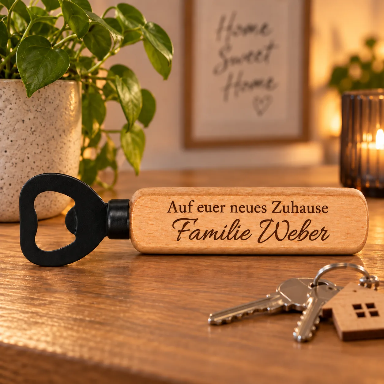 Personalisierter Holz-Flaschenöffner mit Gravur – Zum Einzug – Weitere Anlassszene