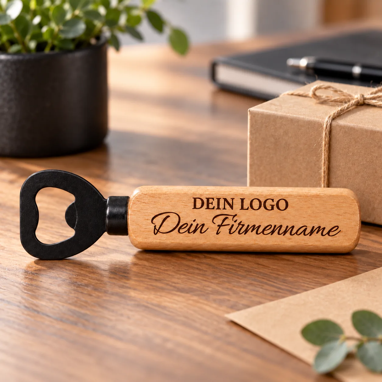 Personalisierter Holz-Flaschenöffner mit Gravur – Für Firmen – Geschenkpräsentation