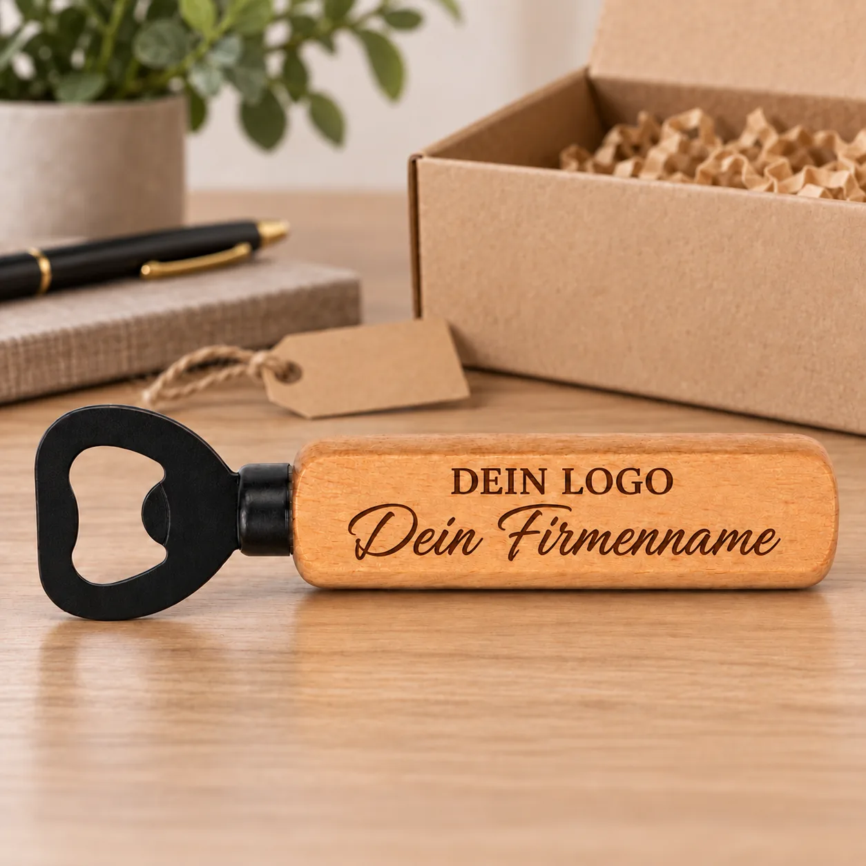 Personalisierter Holz-Flaschenöffner mit Gravur – Für Firmen – Anlassszene