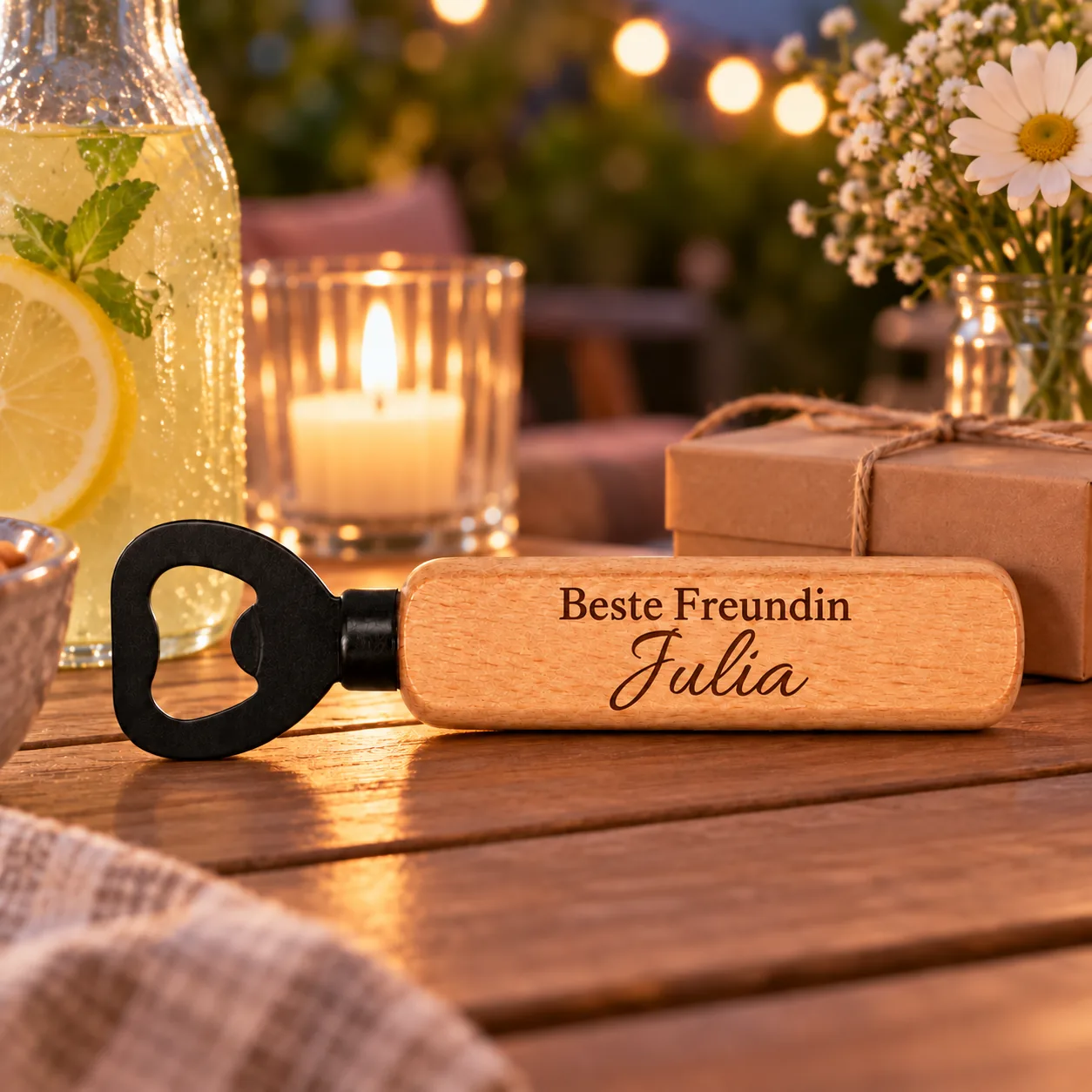 Personalisierter Holz-Flaschenöffner mit Gravur – Für die beste Freundin – Geschenkpräsentation