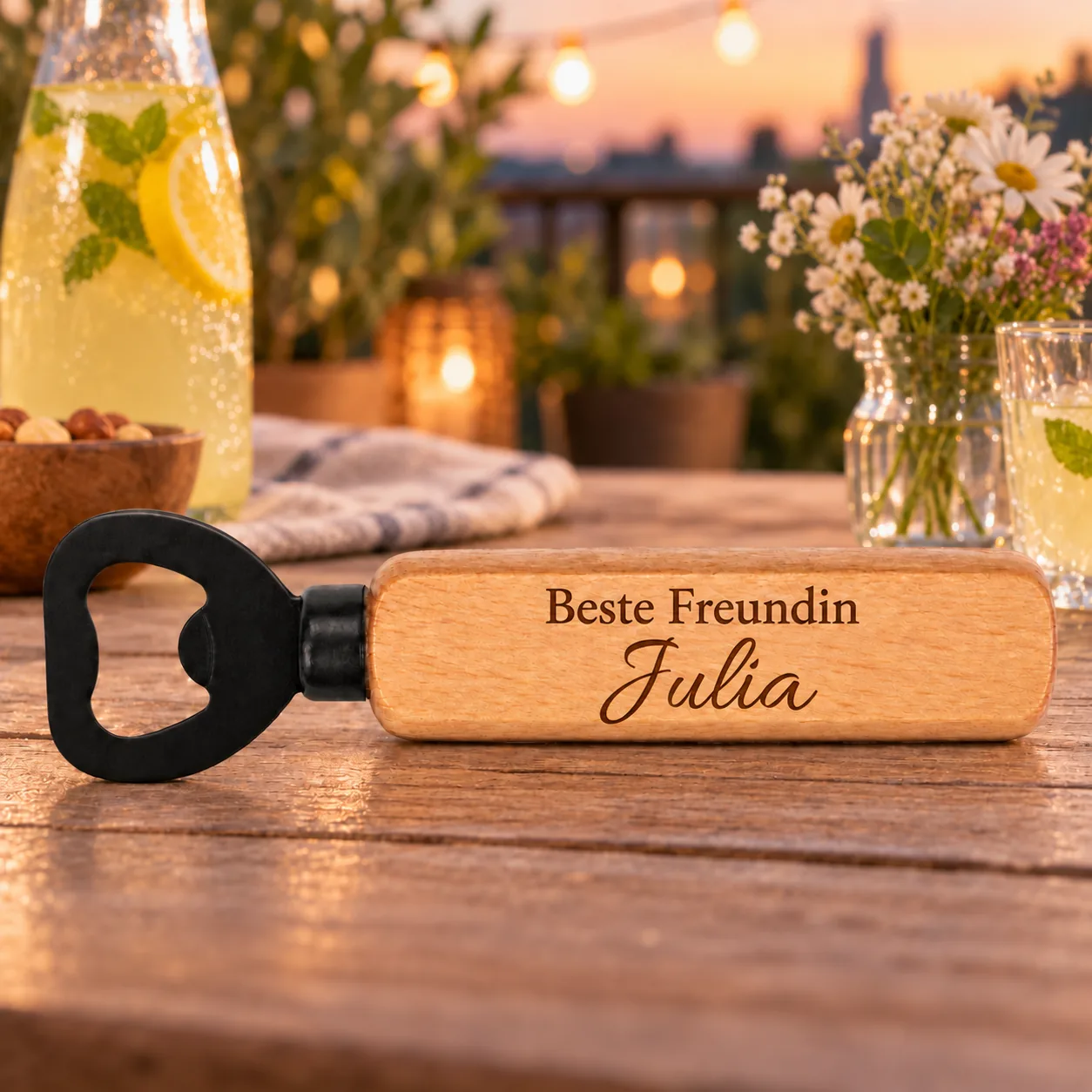 Personalisierter Holz-Flaschenöffner mit Gravur – Für die beste Freundin – Anlassszene
