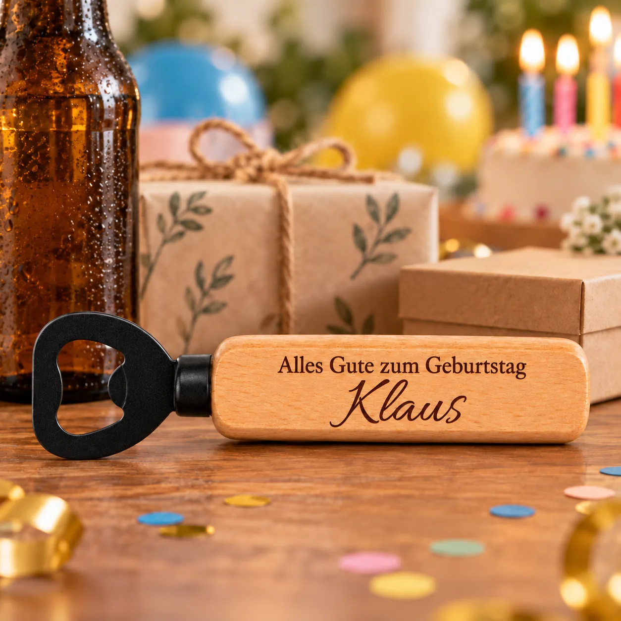 Personalisierter Holz-Flaschenöffner mit Gravur – Zum Geburtstag – Geschenkpräsentation