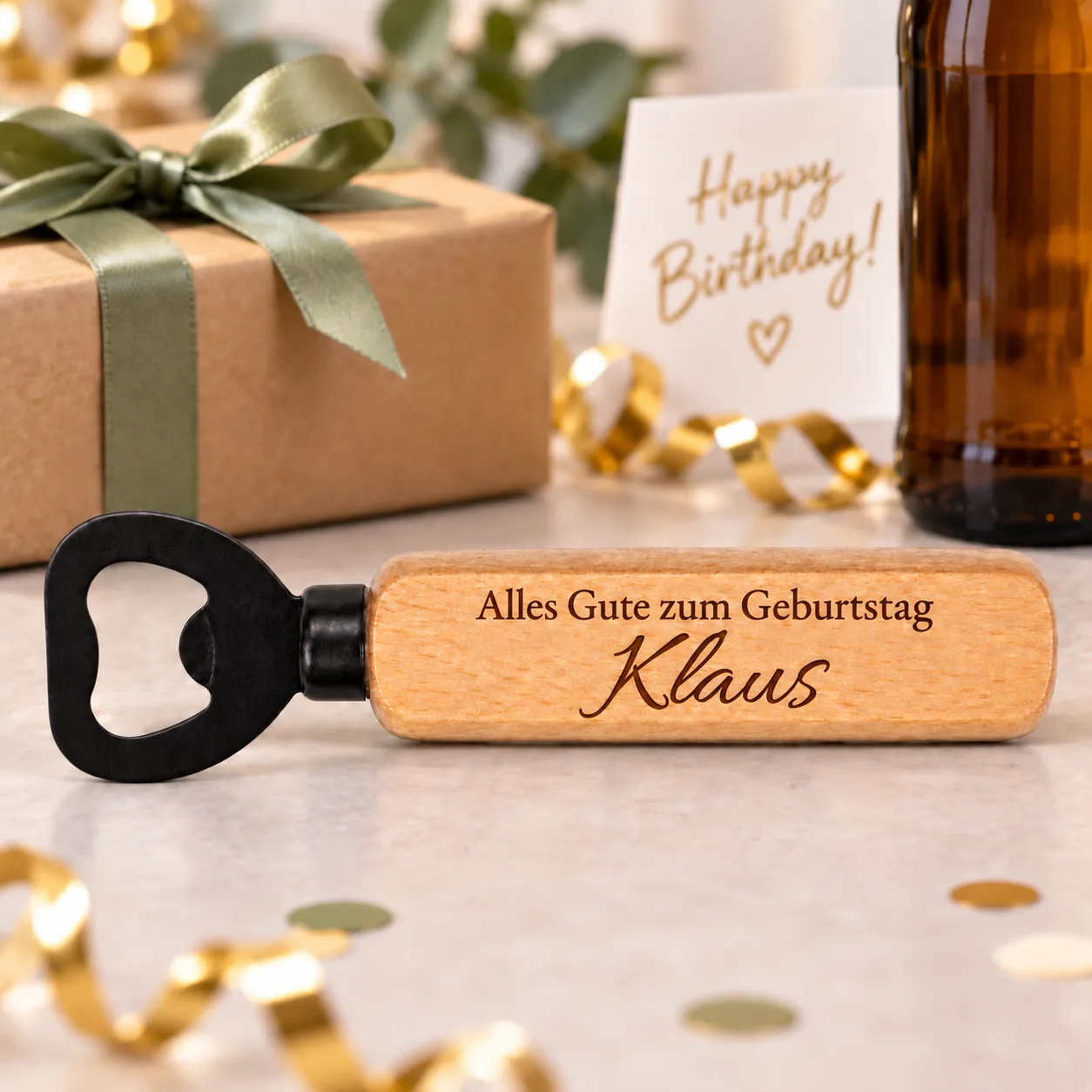 Personalisierter Holz-Flaschenöffner mit Gravur – Zum Geburtstag – Anlassszene