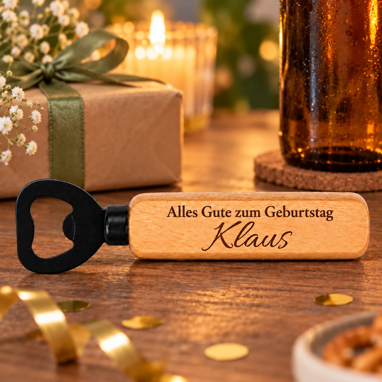 Personalisierter Holz-Flaschenöffner mit Gravur – Zum Geburtstag – Weitere Anlassszene