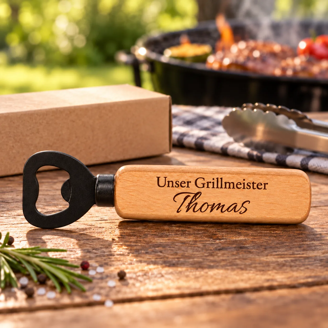 Personalisierter Holz-Flaschenöffner mit Gravur – Für den Grillmeister – Geschenkpräsentation