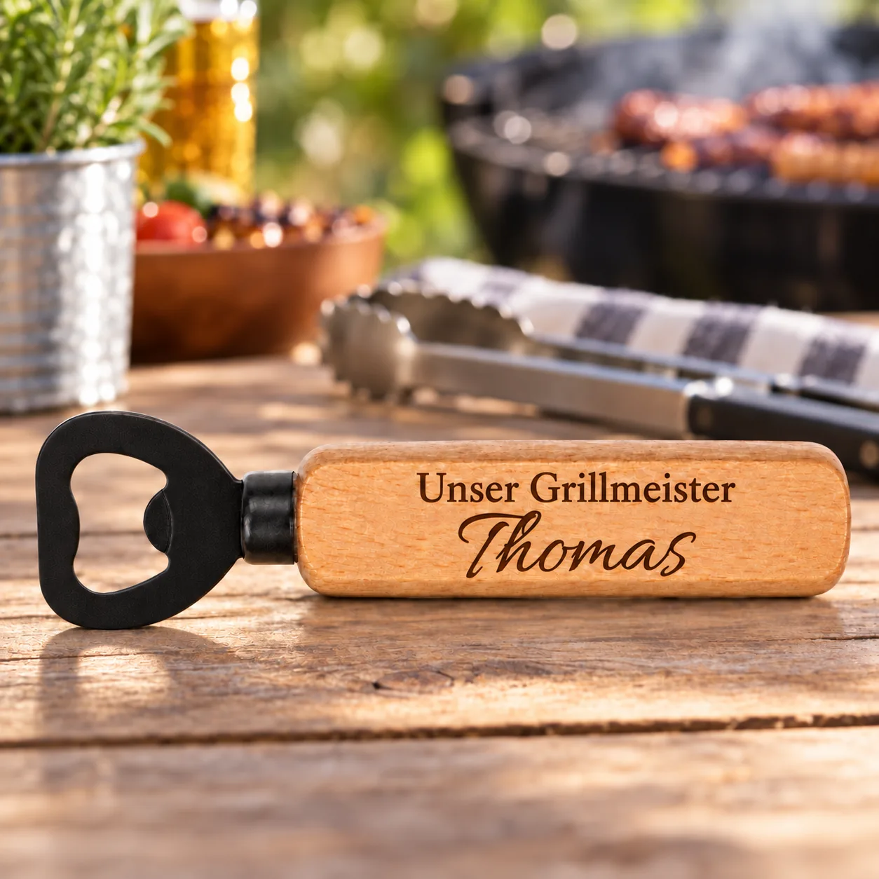 Personalisierter Holz-Flaschenöffner mit Gravur – Für den Grillmeister – Anlassszene