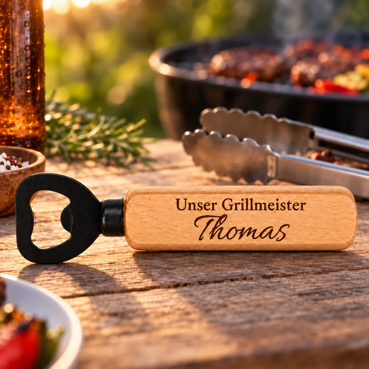 Personalisierter Holz-Flaschenöffner mit Gravur – Für den Grillmeister – Weitere Anlassszene