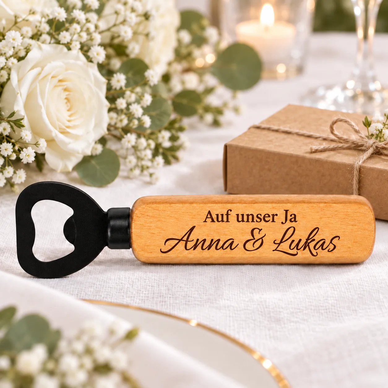 Personalisierter Holz-Flaschenöffner mit Gravur – Zur Hochzeit – Geschenkpräsentation