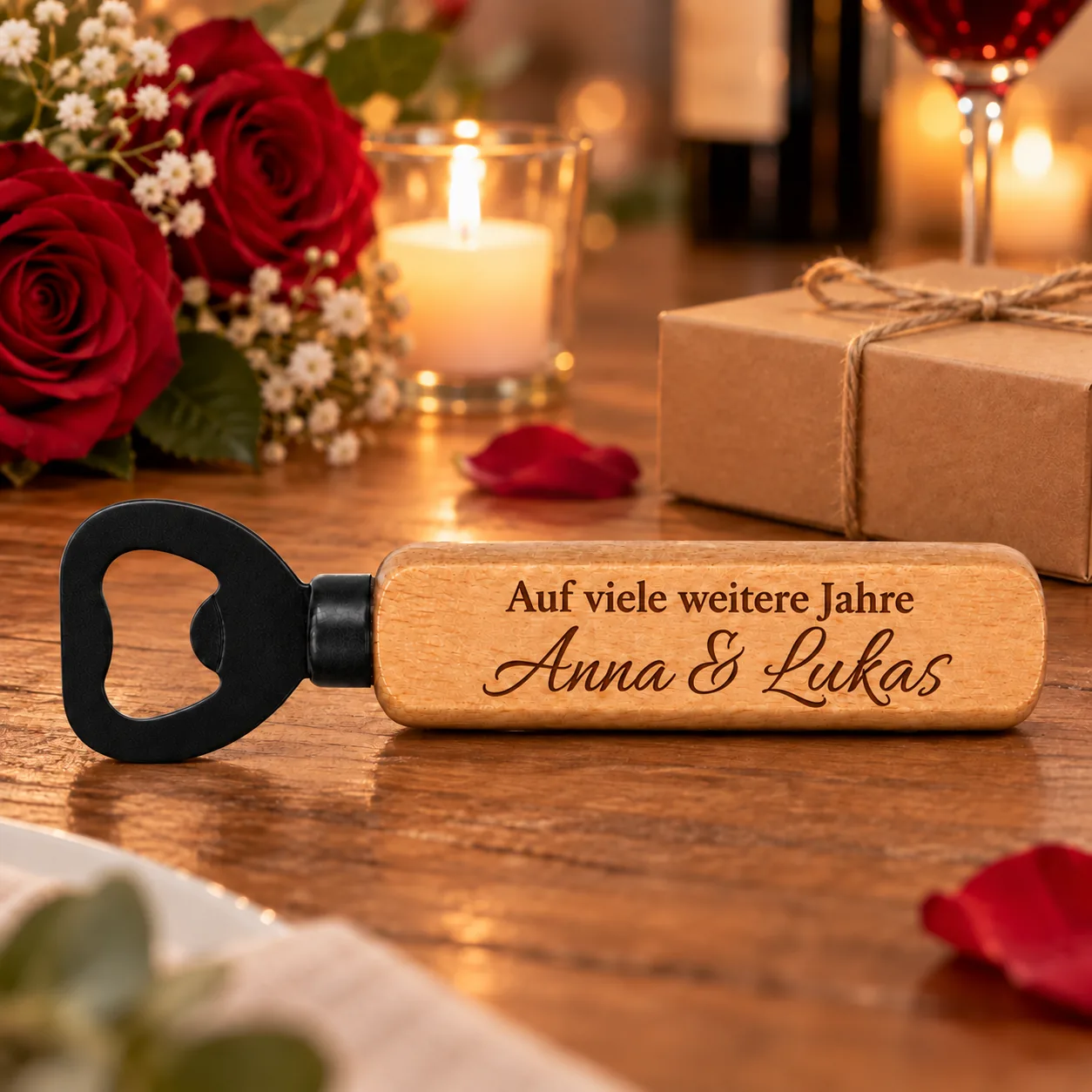 Personalisierter Holz-Flaschenöffner mit Gravur – Zum Jahrestag – Geschenkpräsentation