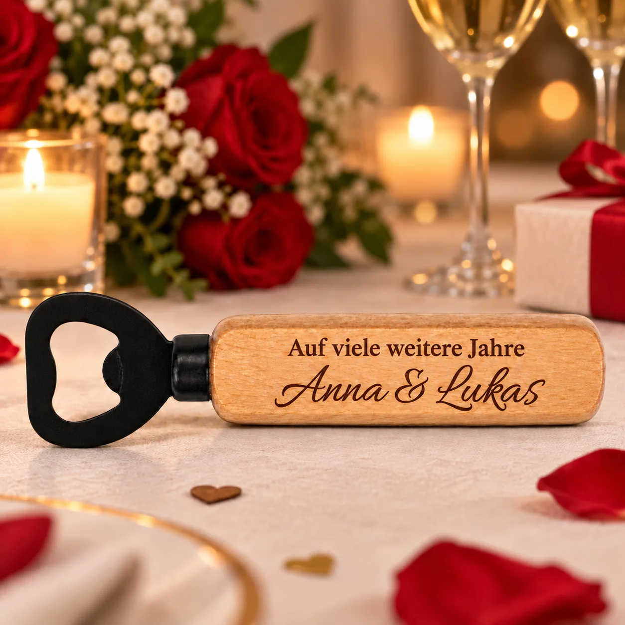 Personalisierter Holz-Flaschenöffner mit Gravur – Zum Jahrestag – Anlassszene