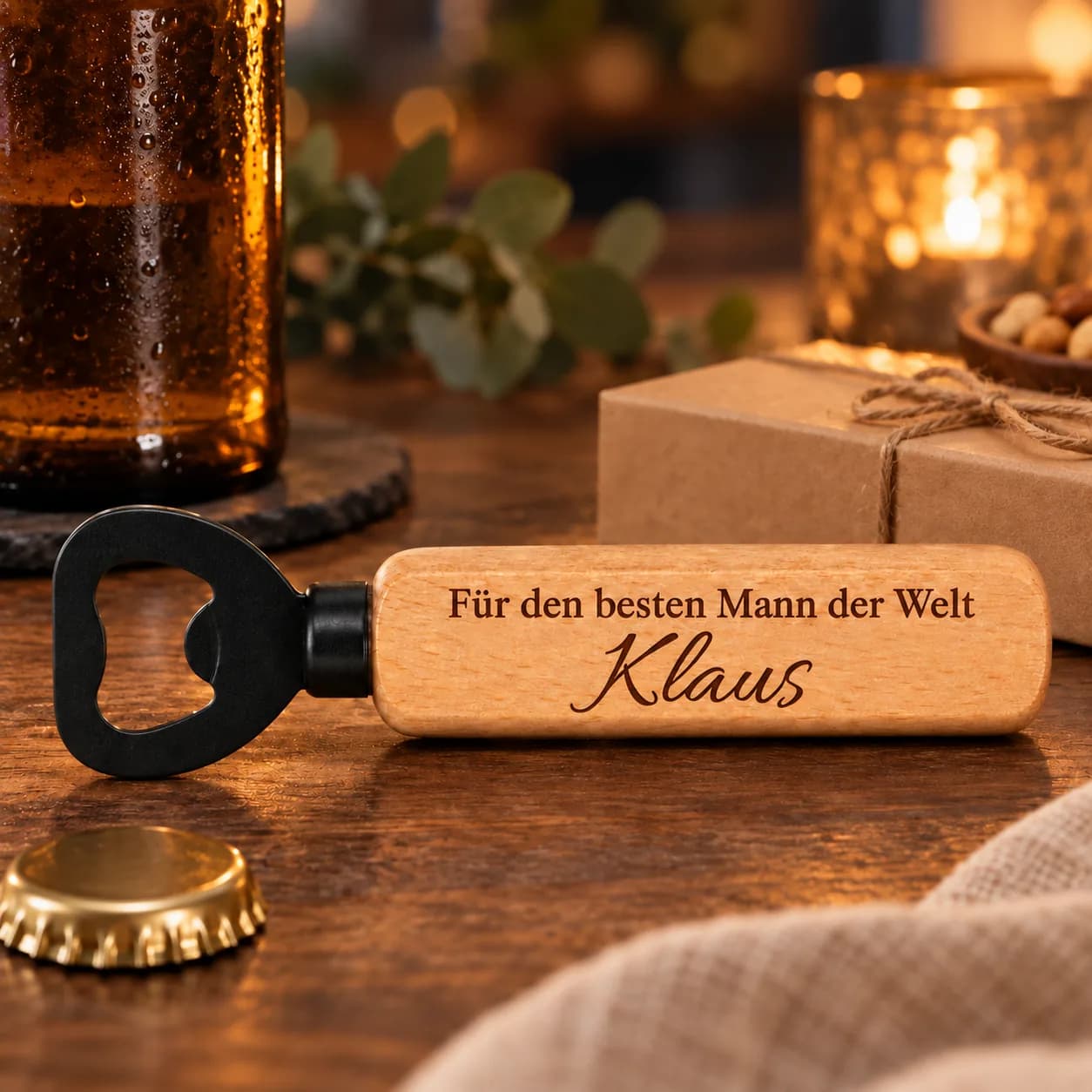 Personalisierter Holz-Flaschenöffner mit Gravur – Für den besten Mann – Geschenkpräsentation