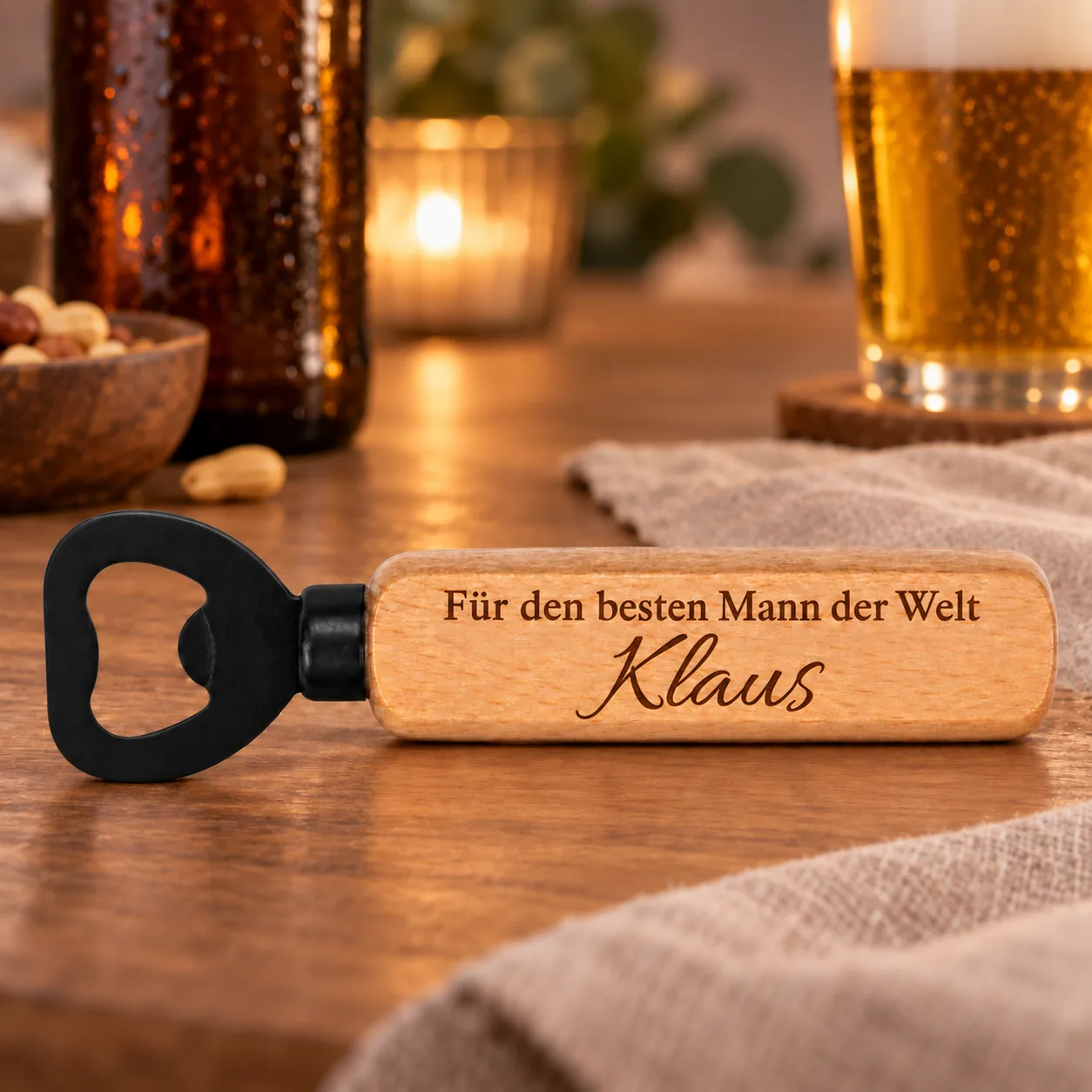 Personalisierter Holz-Flaschenöffner mit Gravur – Für den besten Mann – Anlassszene