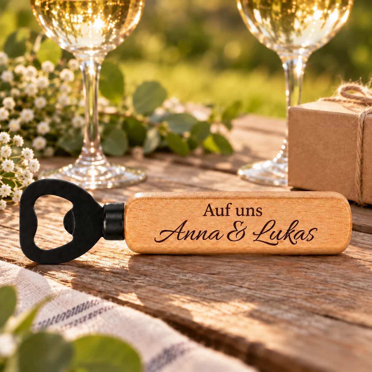 Personalisierter Holz-Flaschenöffner mit Gravur – Für Paare – Geschenkpräsentation