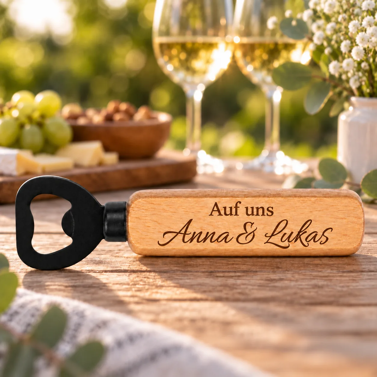 Personalisierter Holz-Flaschenöffner mit Gravur – Für Paare – Anlassszene