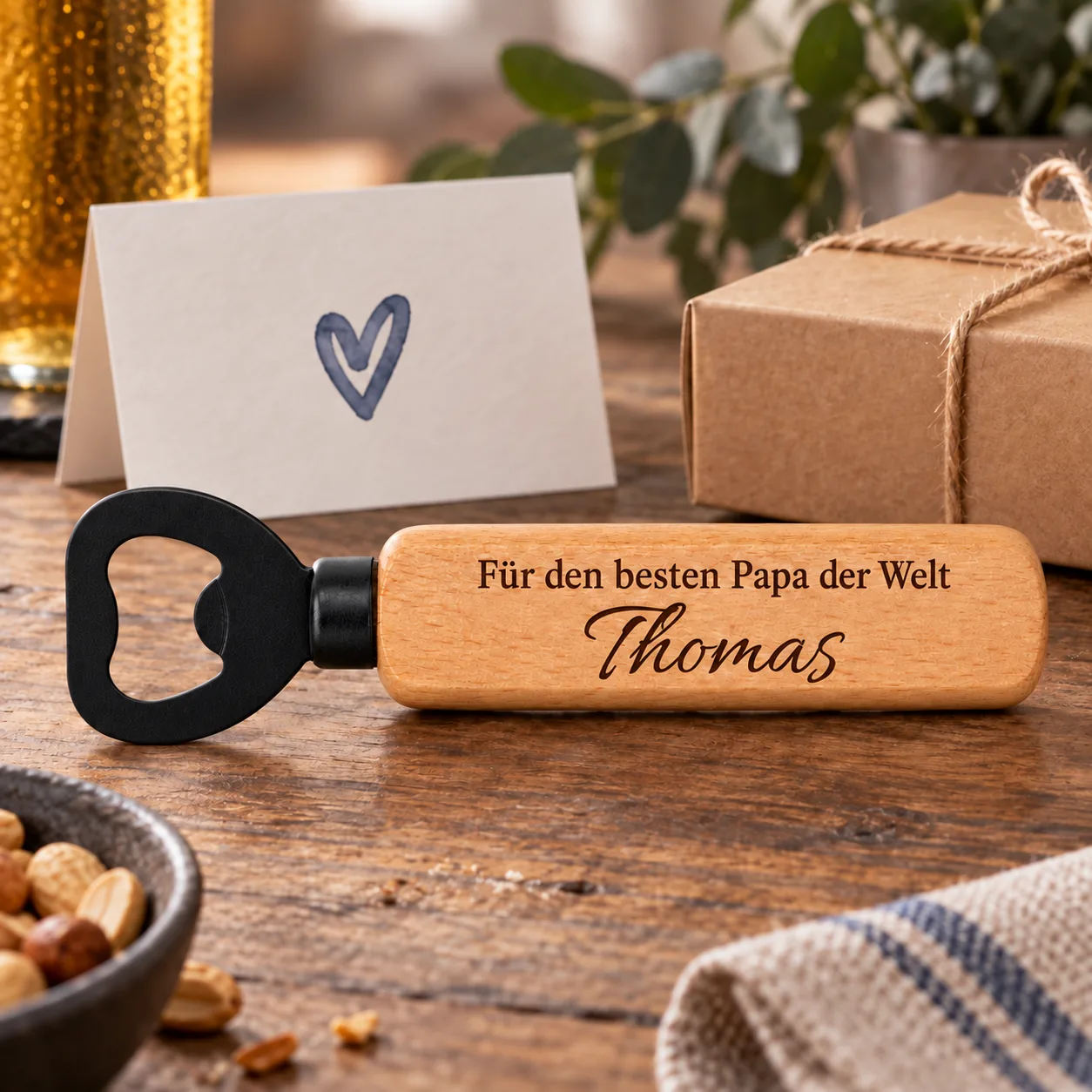 Personalisierter Holz-Flaschenöffner mit Gravur – Für Papa – Geschenkpräsentation