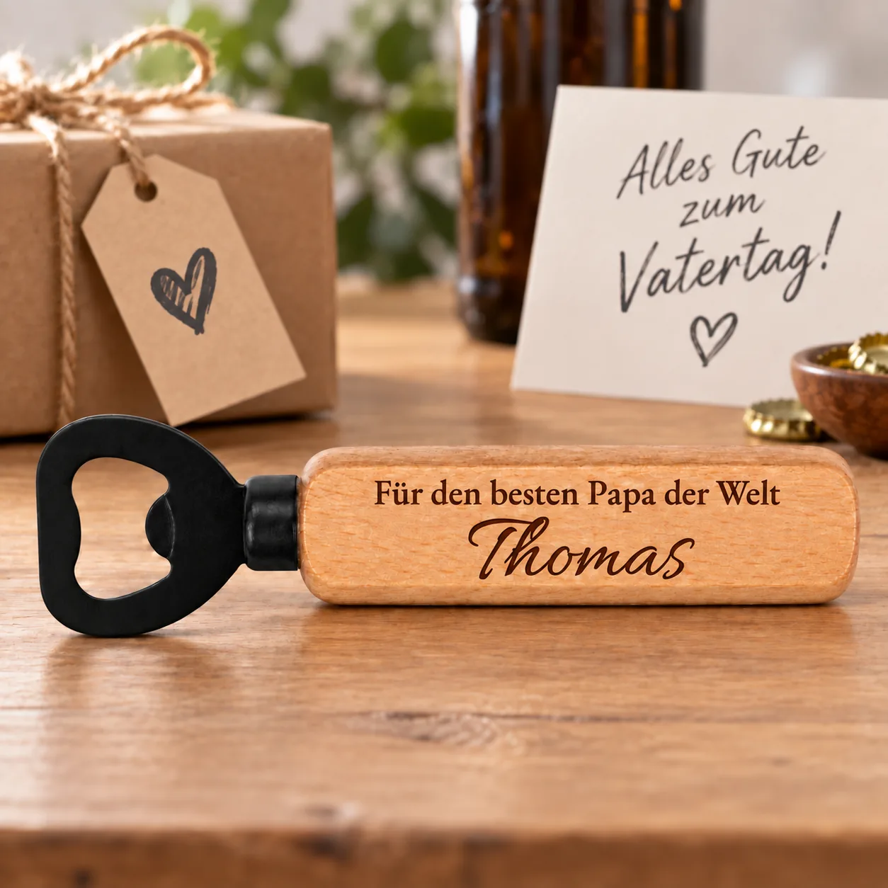 Personalisierter Holz-Flaschenöffner mit Gravur – Für Papa – Anlassszene