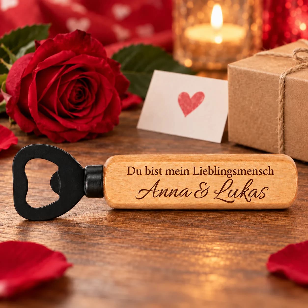 Personalisierter Holz-Flaschenöffner mit Gravur – Zum Valentinstag – Geschenkpräsentation