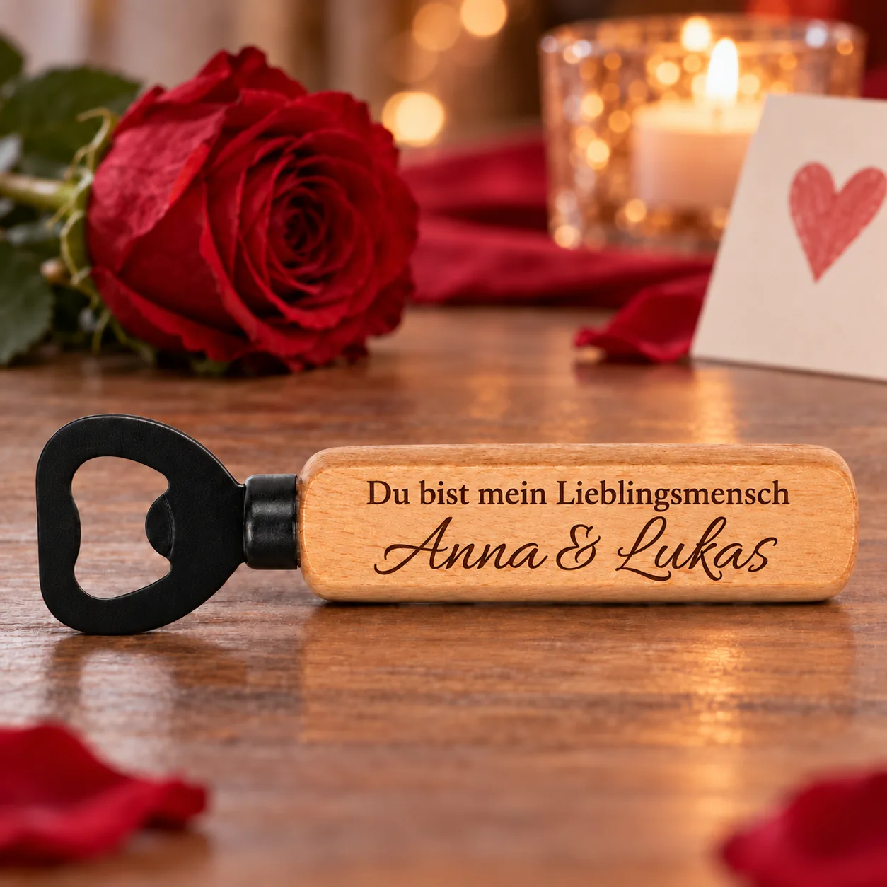 Personalisierter Holz-Flaschenöffner mit Gravur – Zum Valentinstag – Anlassszene