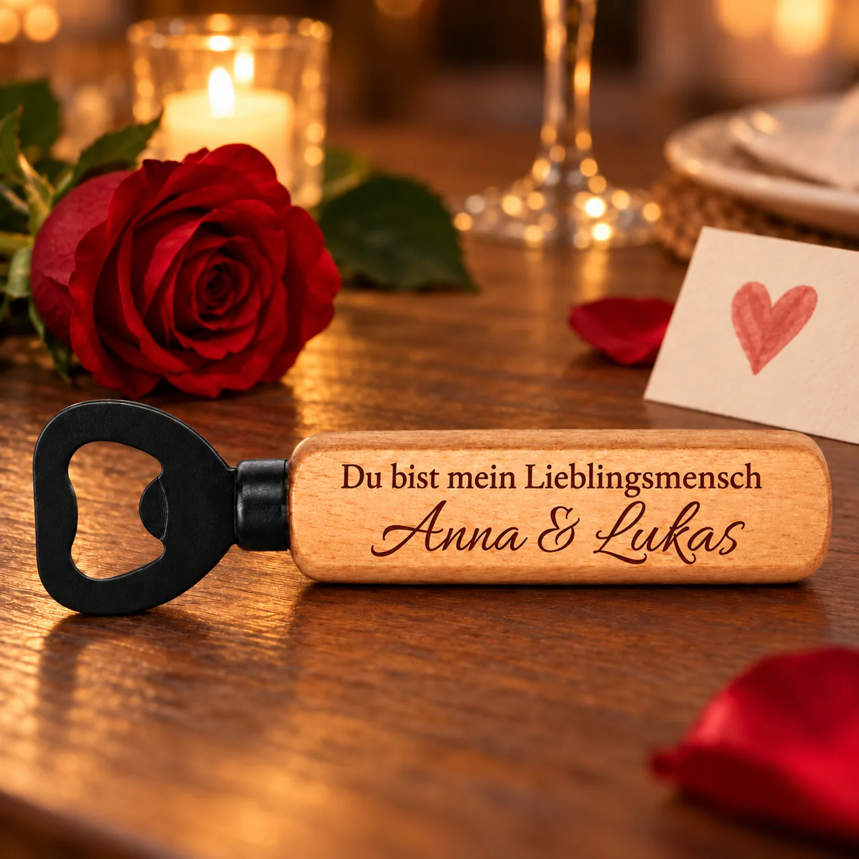 Personalisierter Holz-Flaschenöffner mit Gravur – Zum Valentinstag – Weitere Anlassszene
