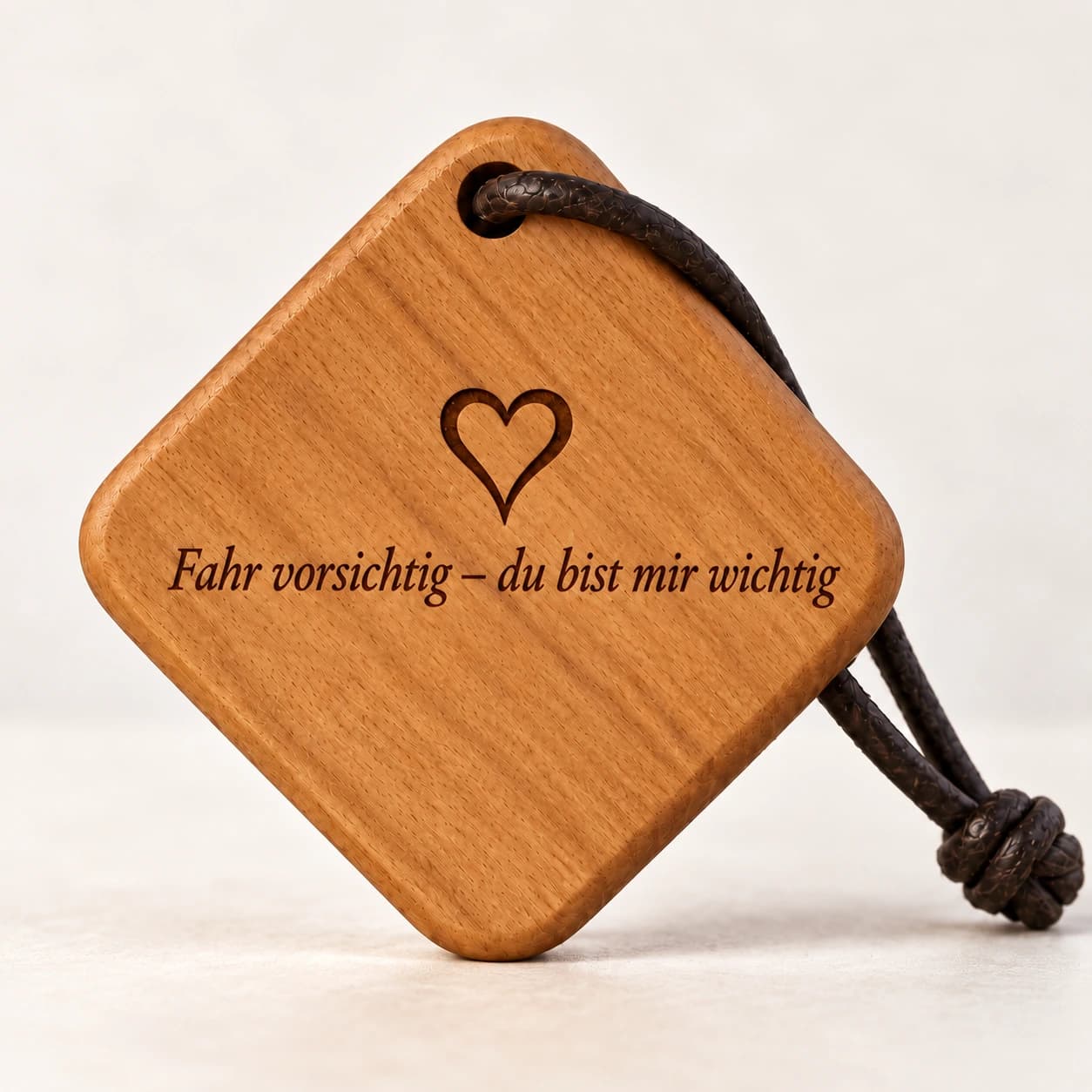 Quadro Holz-Schlüsselanhänger mit Gravur – Fahr vorsichtig – Nahaufnahme
