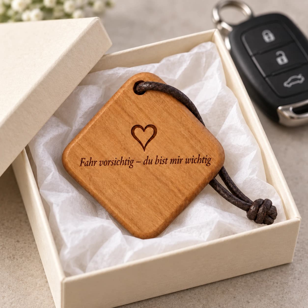 Quadro Holz-Schlüsselanhänger mit Gravur – Fahr vorsichtig – Geschenkpräsentation