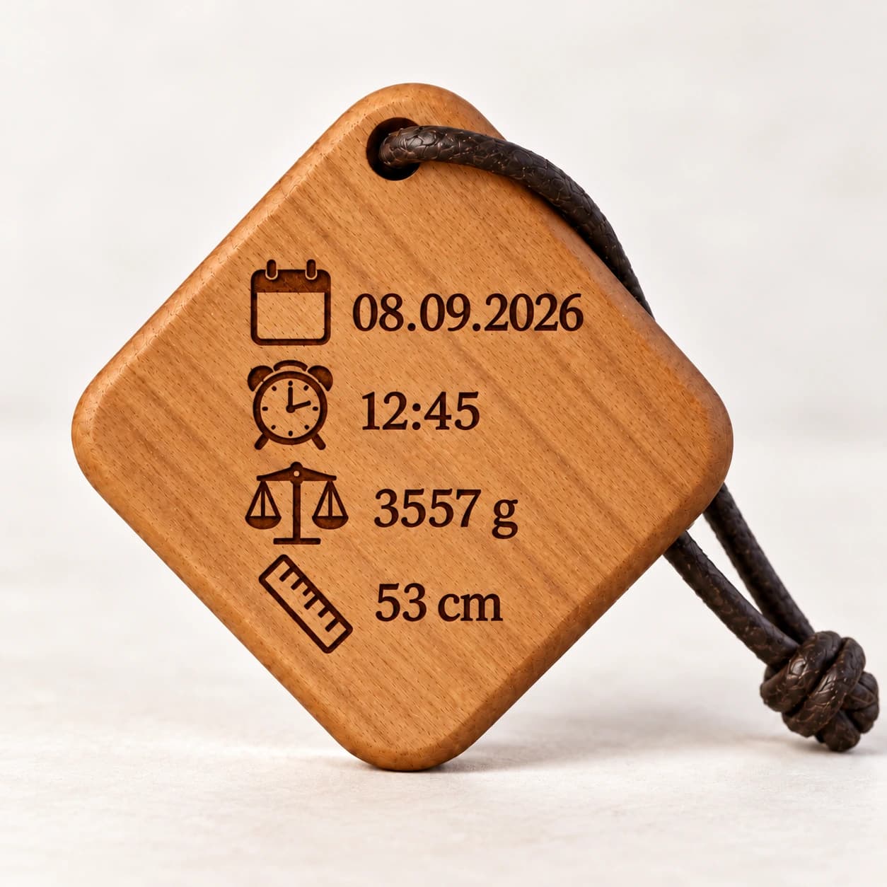Quadro Holz-Schlüsselanhänger mit Gravur – Geburtsdaten – Nahaufnahme