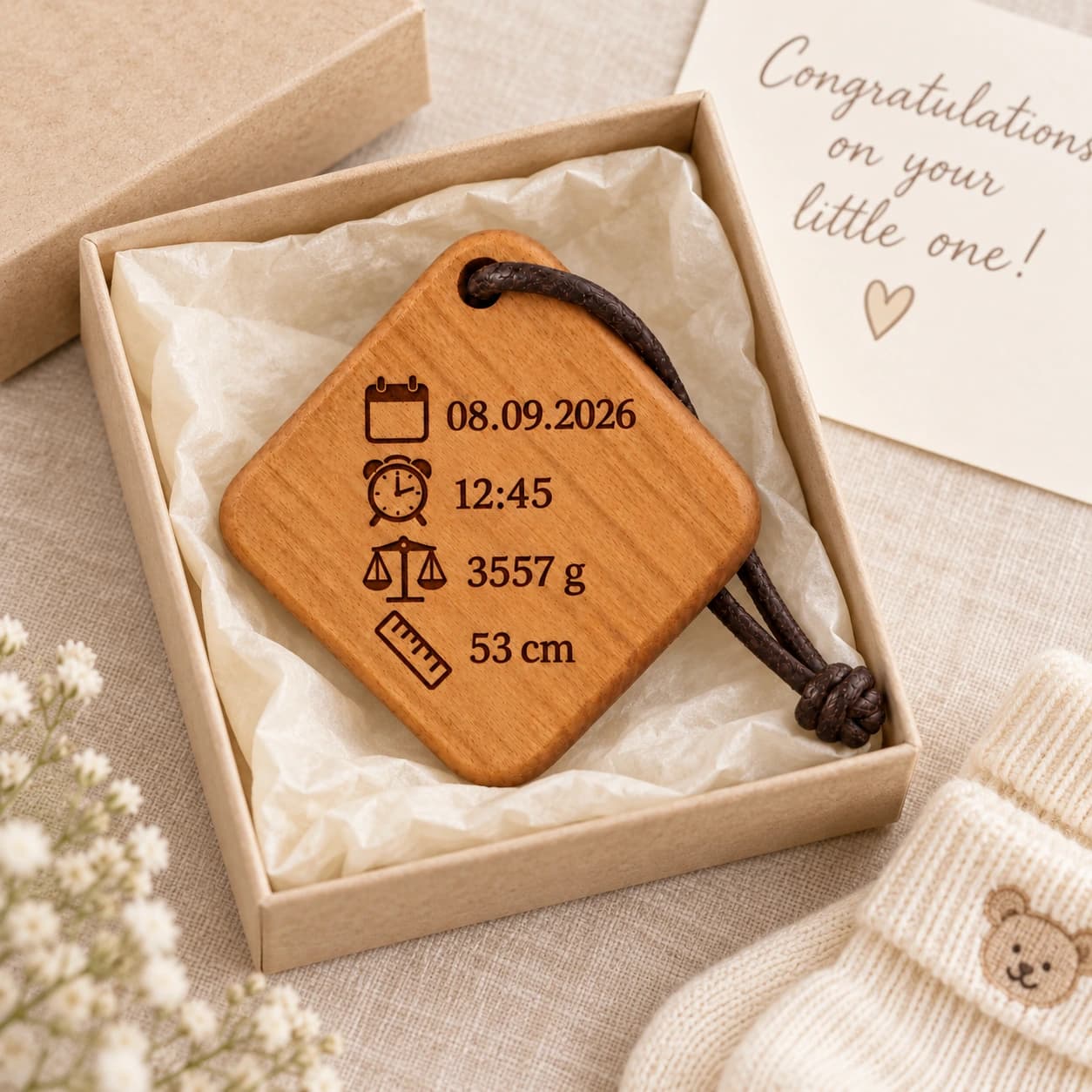 Quadro Holz-Schlüsselanhänger mit Gravur – Geburtsdaten – Geschenkpräsentation