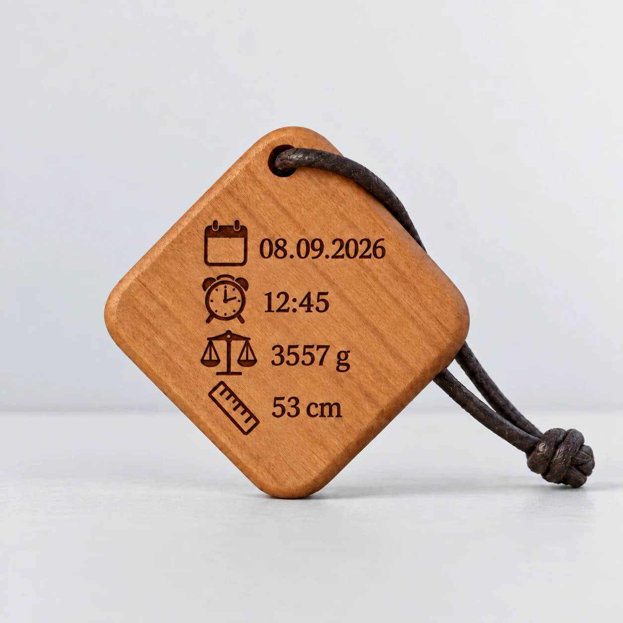 Quadro Holz-Schlüsselanhänger mit Gravur – Geburtsdaten – Produktansicht