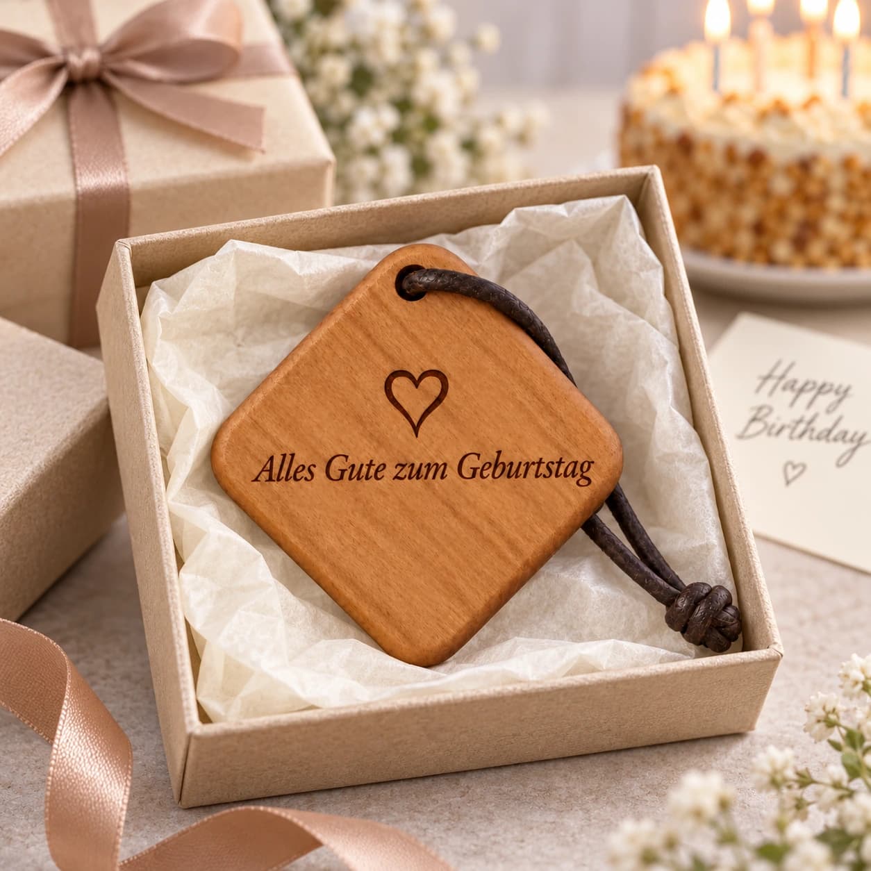 Quadro Holz-Schlüsselanhänger mit Gravur – Zum Geburtstag – Geschenkpräsentation